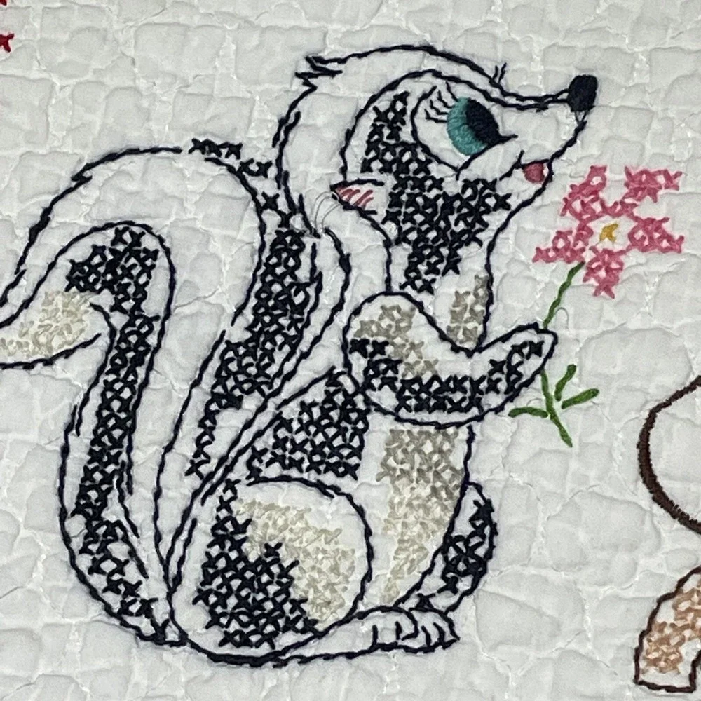 Vintage Bambi Cross Stitch Crib Quilt Handmade Thumper‎ Flower Baby 33 x 52 Inch